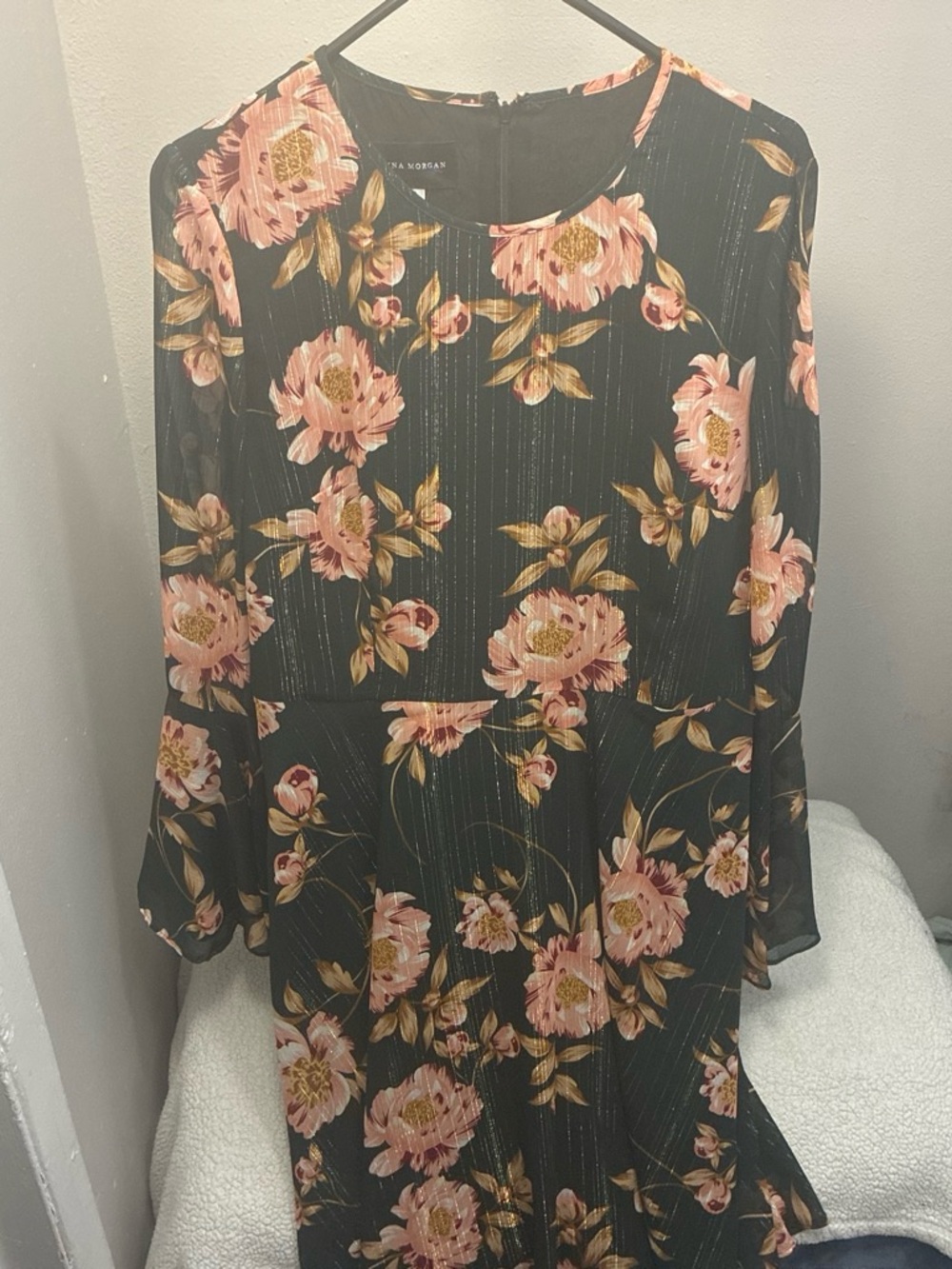 Donna Morgan Black Long-Sleeve Floral Peplum Dress with Pink Blooms